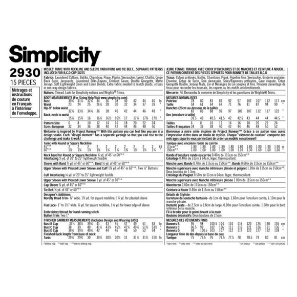 Simplicity Sewing Pattern 2930 Tunic Top Shirt Tie Belt Misses Size 6-14 - Picture 2 of 2